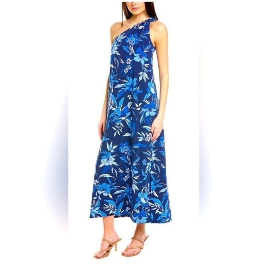 Tommy Bahama Maxi Dress Women Medium Blue Floral Summer One Shoulder Slit Cruise